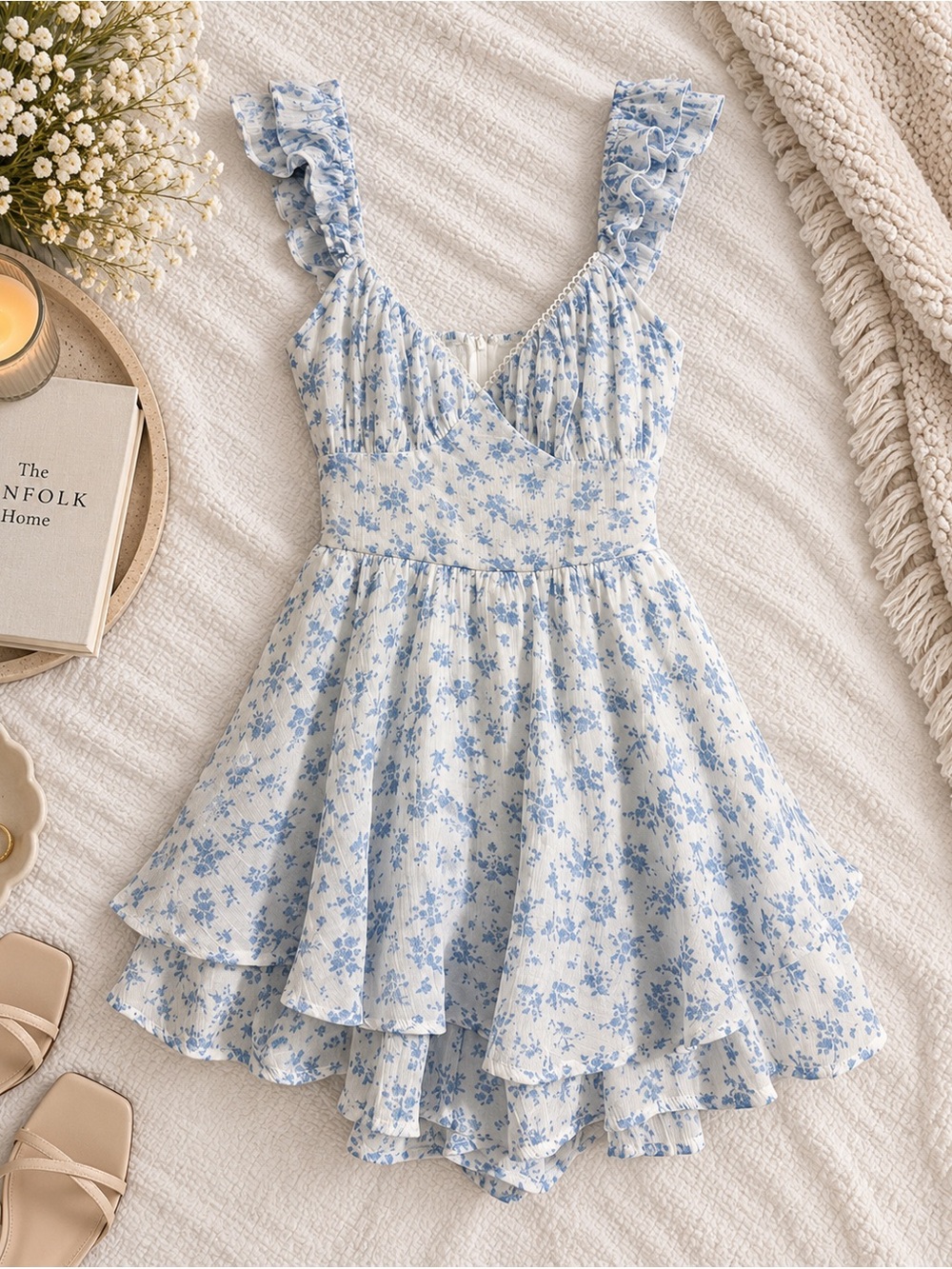 NWT Altar'd State Light Blue Floral Ruffle Mini Dress/ Romper